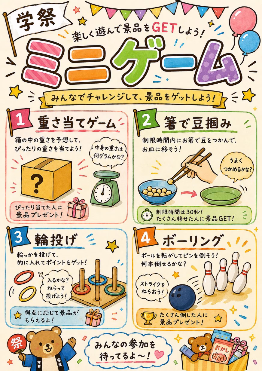 ミニゲーム（重さ図りゲーム、豆つかみ、ボーリング、輪投げ） 